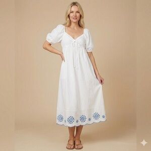 0202 - LC Lauren Conrad White Midi Dress with Blue Accents